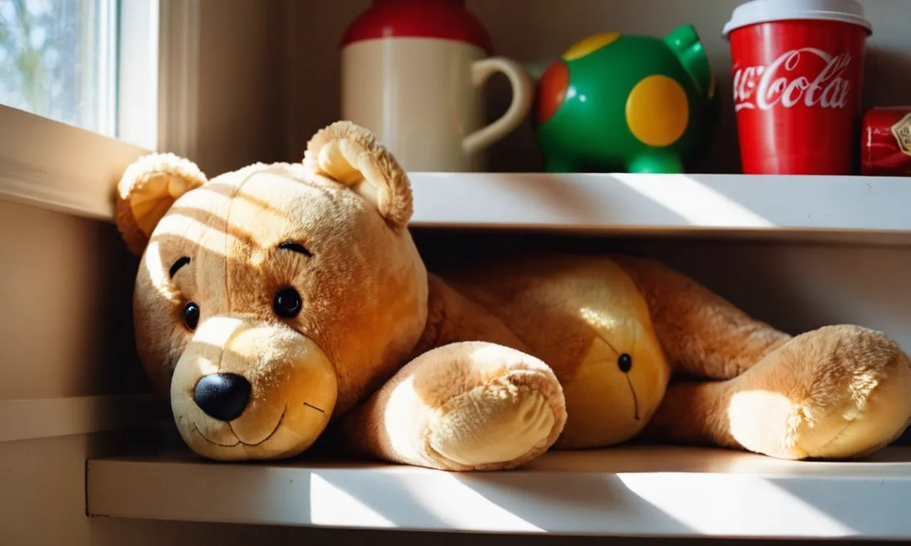 A close-up photo capturing a stuffed animal lying untouched on a shelf, its soft fabric illuminated by a ray of sunlight, symbolizing the enduring presence of COVID-19 on everyday objects.