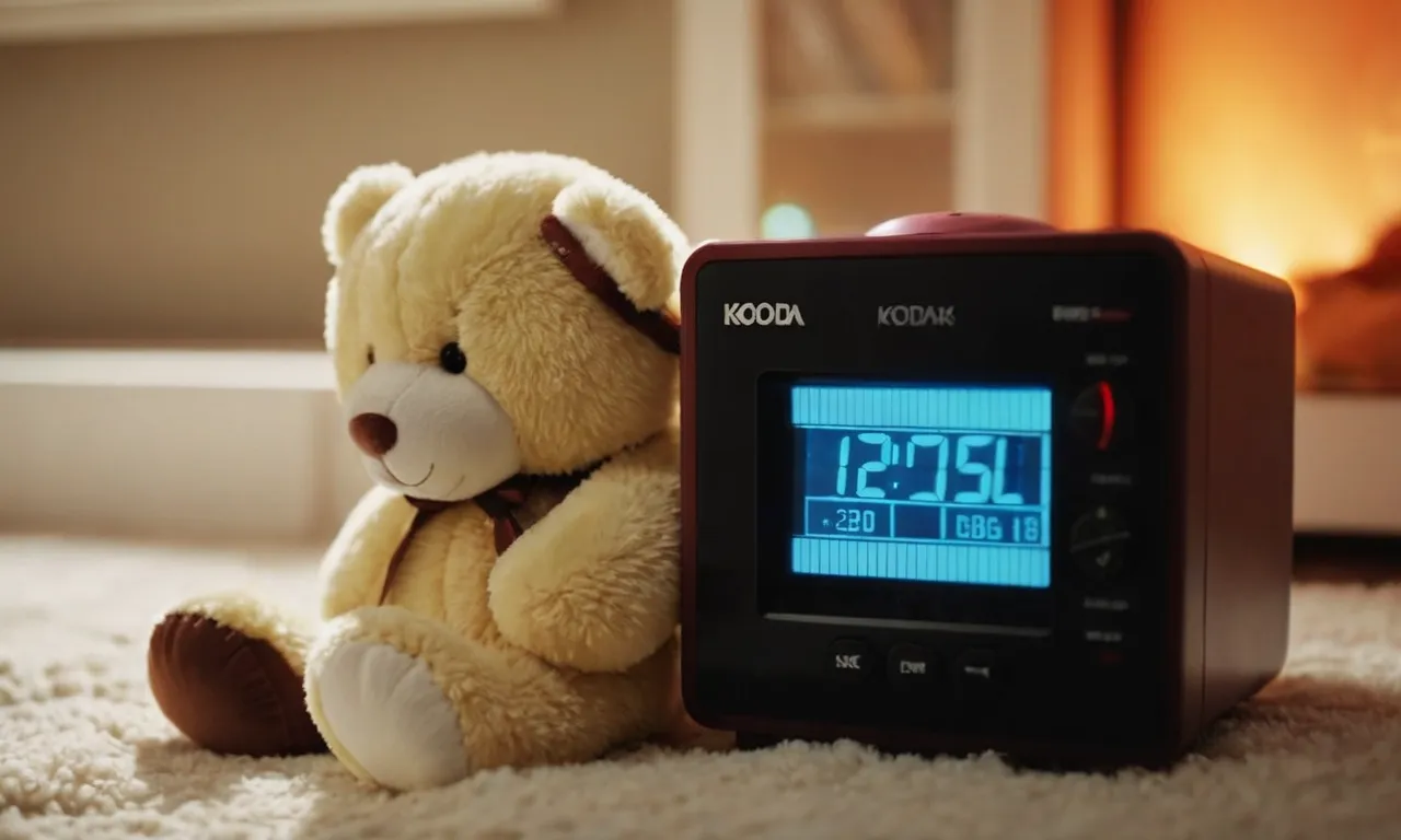 A close-up shot capturing the adorable warmth of a cozy stuffed animal nestled beside a timer, waiting patiently as it heats up to provide comfort on a chilly day.