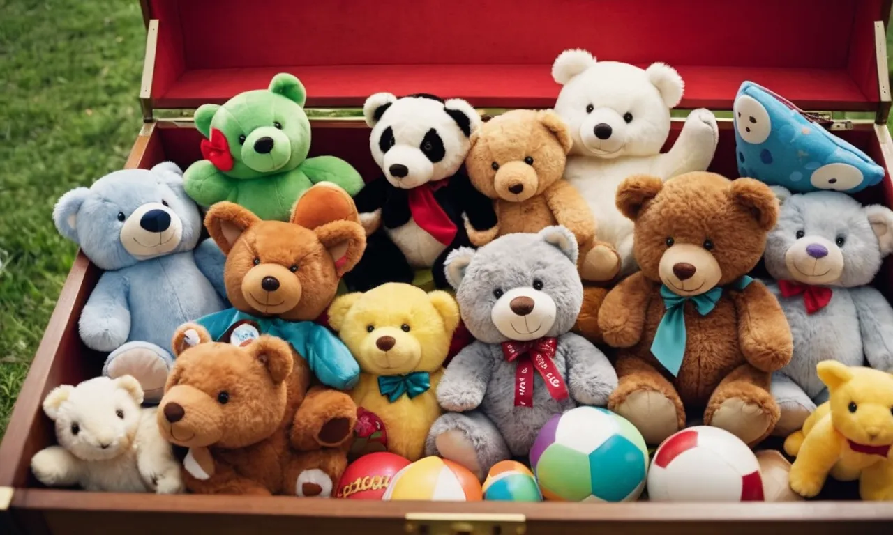 A close-up shot capturing an overflowing toy chest, filled to the brim with a colorful assortment of stuffed animals, showcasing the vastness and abundance of these cherished companions in the world.