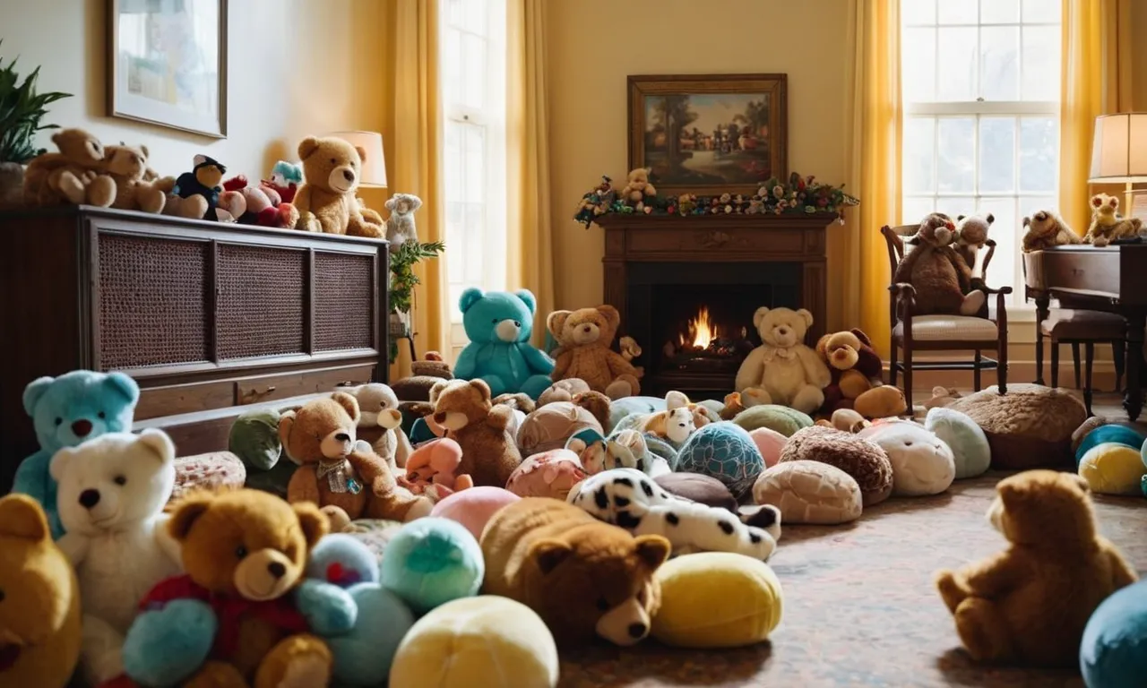 A whimsical photo capturing a room overflowing with an enchanting array of countless stuffed animals, their vibrant colors and soft textures creating a delightful chaos that begs the question, "How many stuffed animals is too many?"