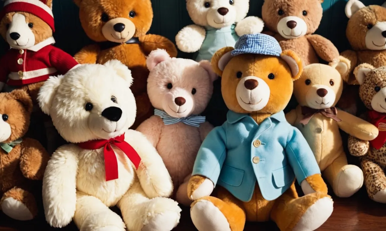 A close-up photo capturing a vintage Dan Dee stuffed animal collection, showcasing their charming details and condition, evoking curiosity about their monetary value.