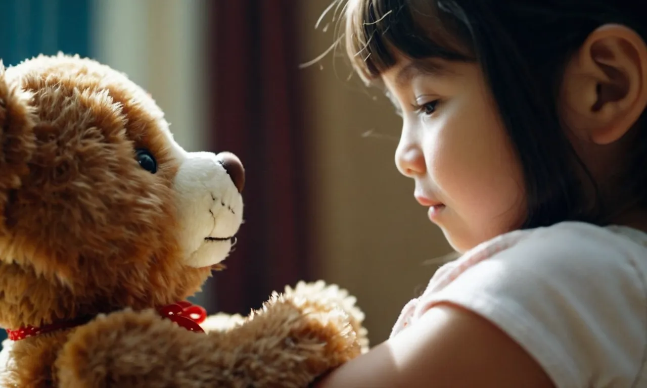 A close-up shot of a child clutching a fluffy teddy bear tightly, capturing the innocence and joy on their face, conveys the priceless value of a stuffed animal.