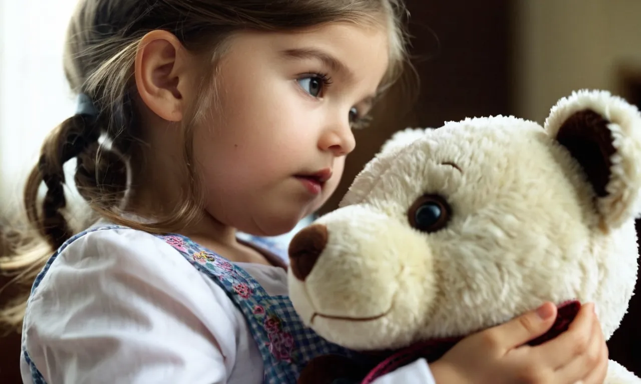 A close-up shot captures a little girl's curious hands delicately holding a stuffed bear, her eyes filled with wonder, as she contemplates its weight, a question lingering in her mind.