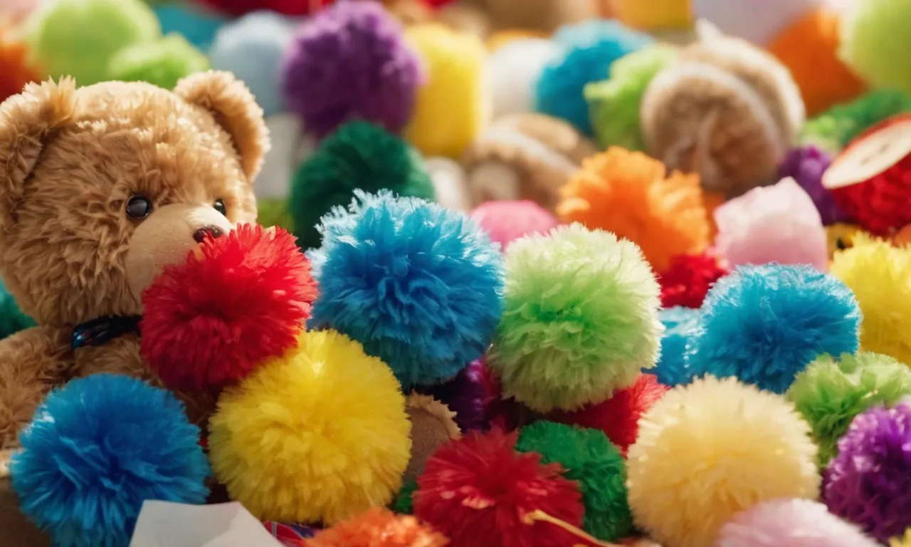 A close-up shot of a pile of colorful stuffing material overflowing from a teddy bear's torn seam, capturing the essence of abundance and the need for replenishment in the world of stuffed animals.