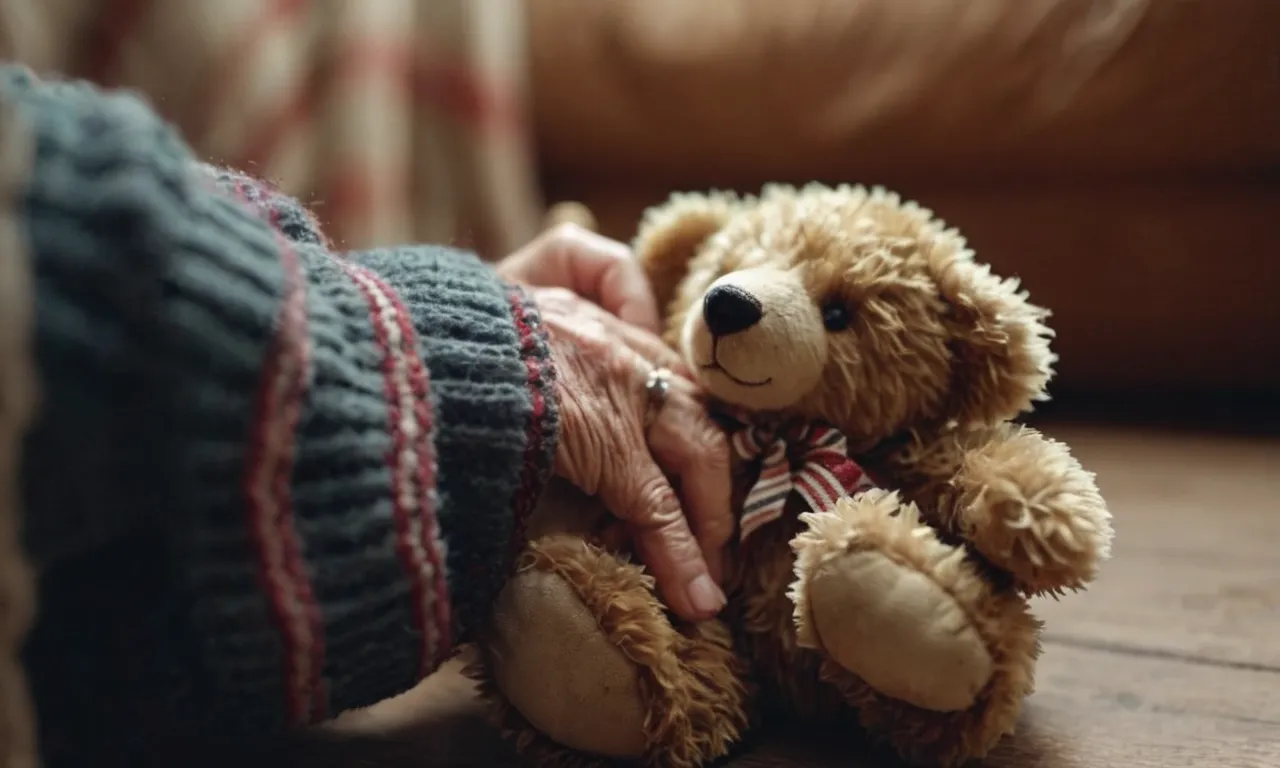 A close-up shot capturing an aging hand, gently clasping a weathered teddy bear, revealing the timeless bond between adulthood and cherished childhood memories.
