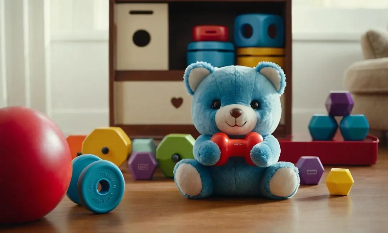 A close-up shot capturing a small, adorable stuffed animal surrounded by an assortment of small weights, showcasing a step-by-step guide on how to add weight to the toy for stability and balance.