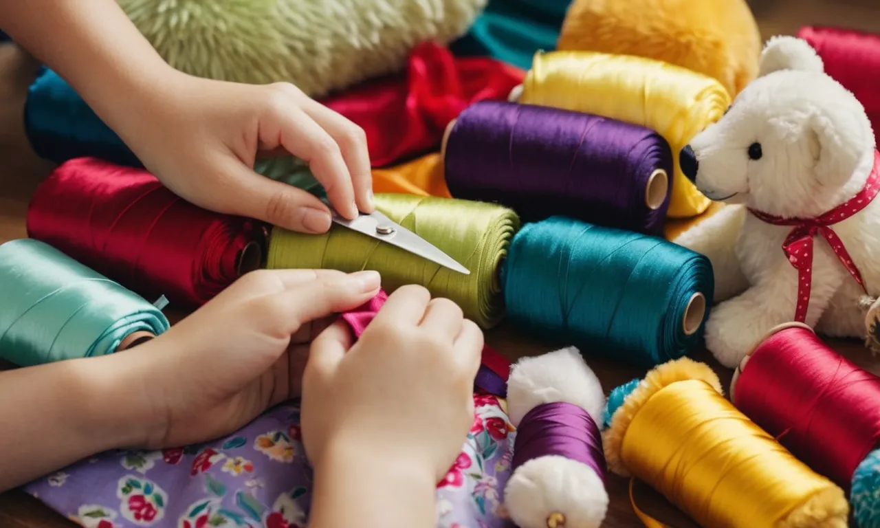 A close-up shot capturing a child's hands diligently sewing together colorful fabric, surrounded by an array of stuffed animals waiting to be placed in their new home - a whimsical stuffed animal zoo.