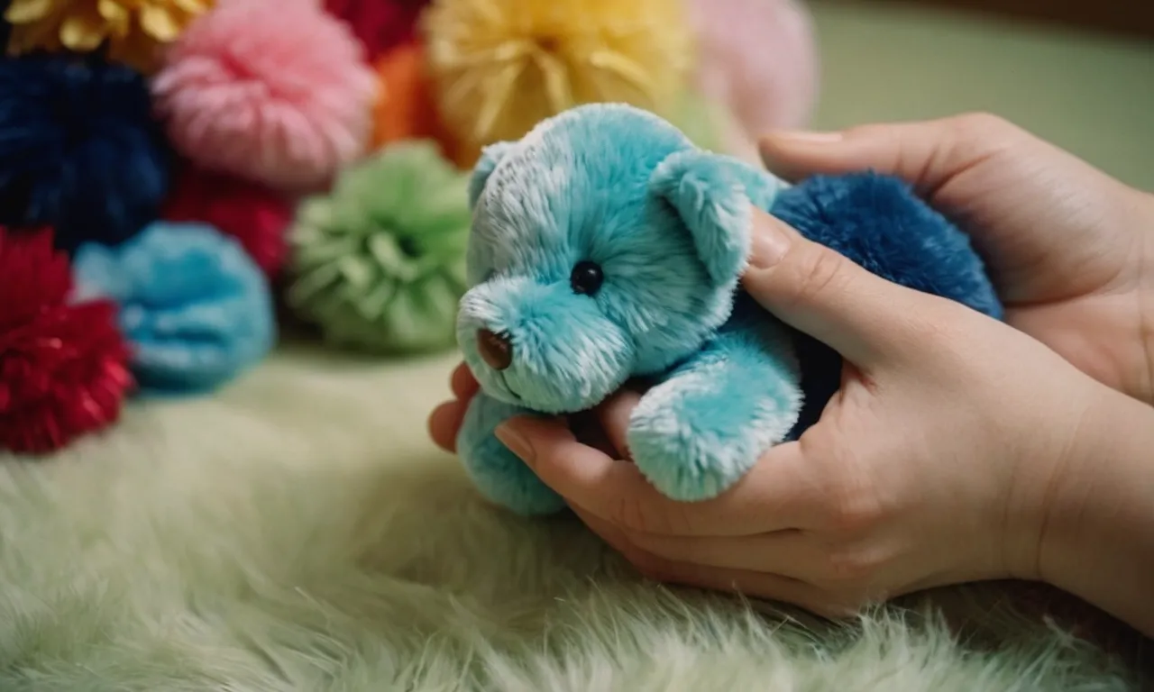 A close-up photo capturing the delicate hands of a person gently wiping away years of dust from a worn 30-year-old stuffed animal, revealing its original vibrant colors and bringing it back to life.
