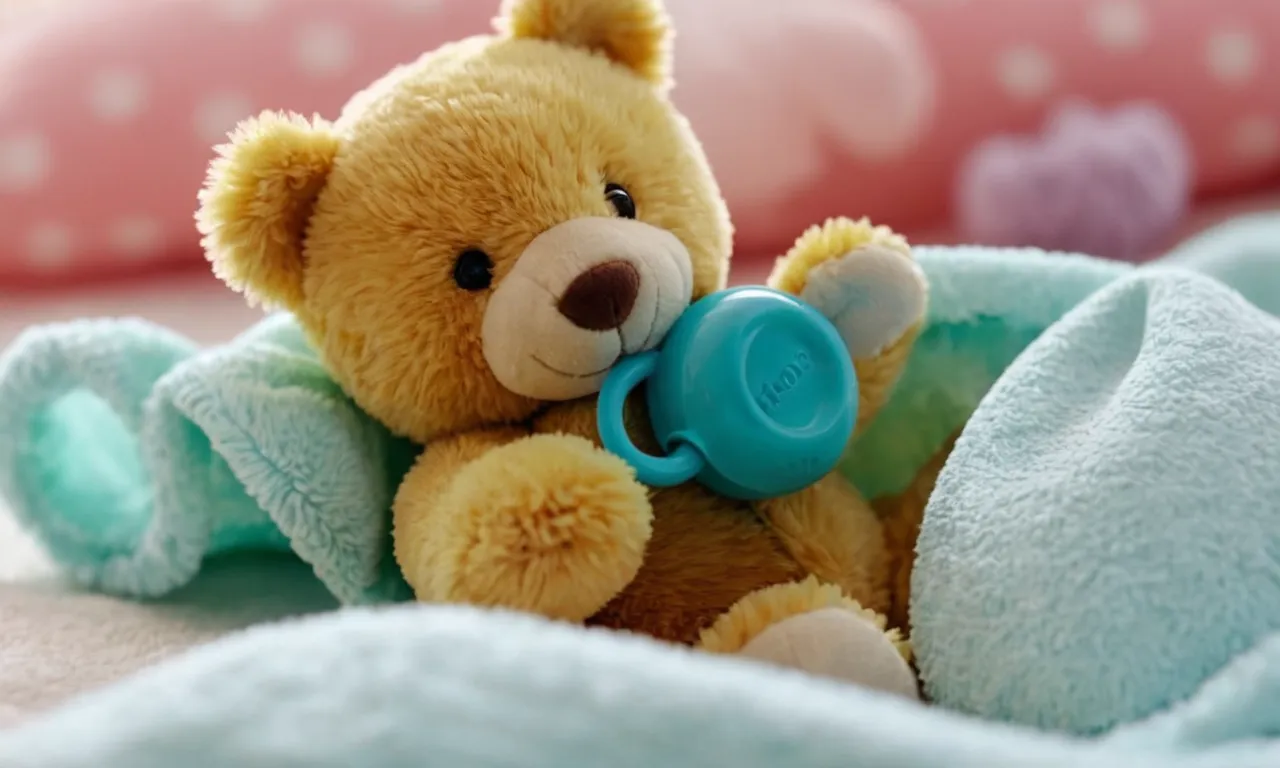 Close-up photo of a pacifier attached to a beloved stuffed animal, delicately being cleaned with a soft cloth, capturing the tender bond between child and toy.