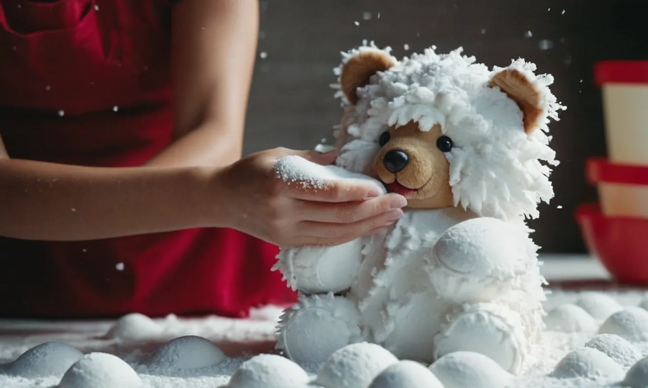 A close-up photo captures a fluffy stuffed animal covered in baking soda, as gentle hands delicately brush off the white powder, leaving the toy looking fresh, clean, and ready for another adventure.