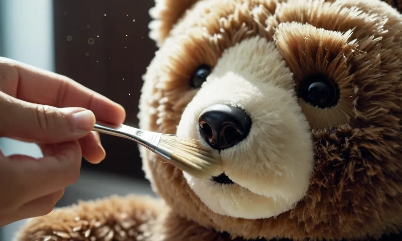 A close-up photo capturing a soft, plush teddy bear being gently brushed with a soft bristle brush, removing dust and dirt particles without the need for a washing machine.