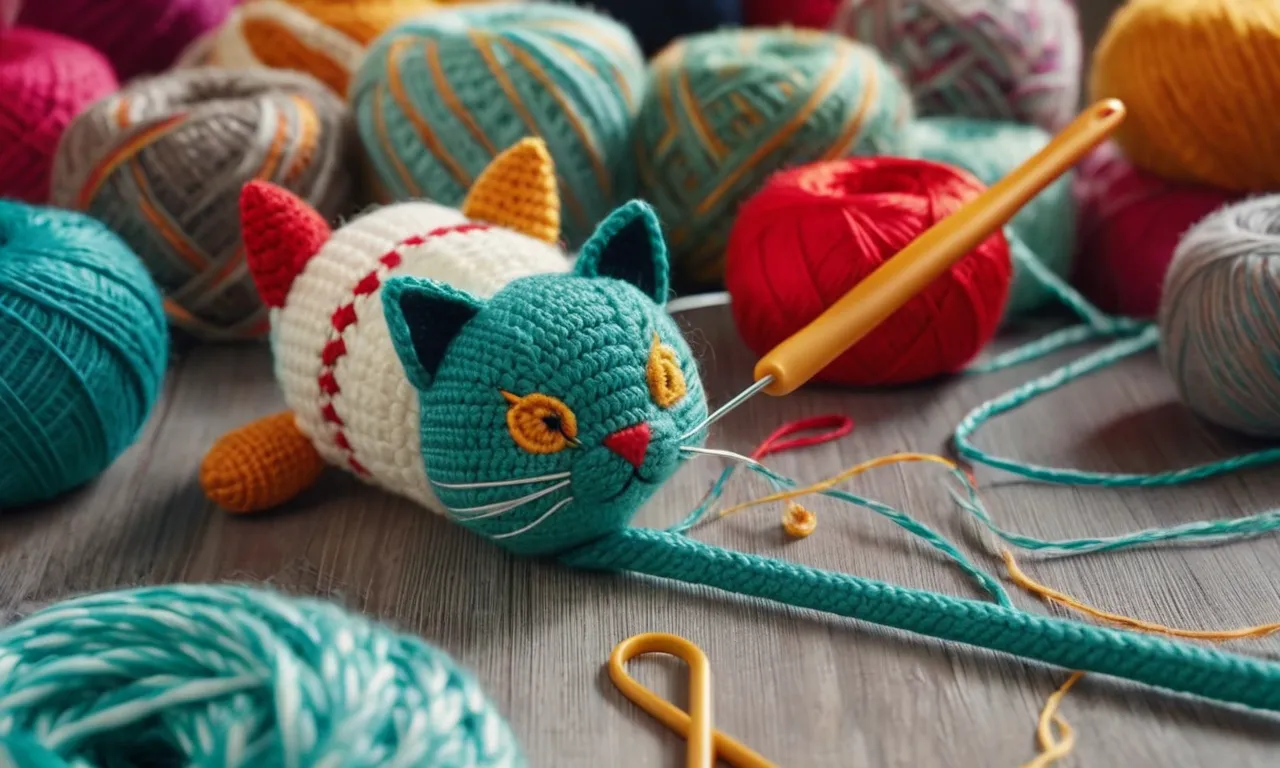 A close-up shot of a colorful crochet hook gracefully weaving through soft yarn, forming the intricate stitches of a cat's body, creating an adorable stuffed animal.