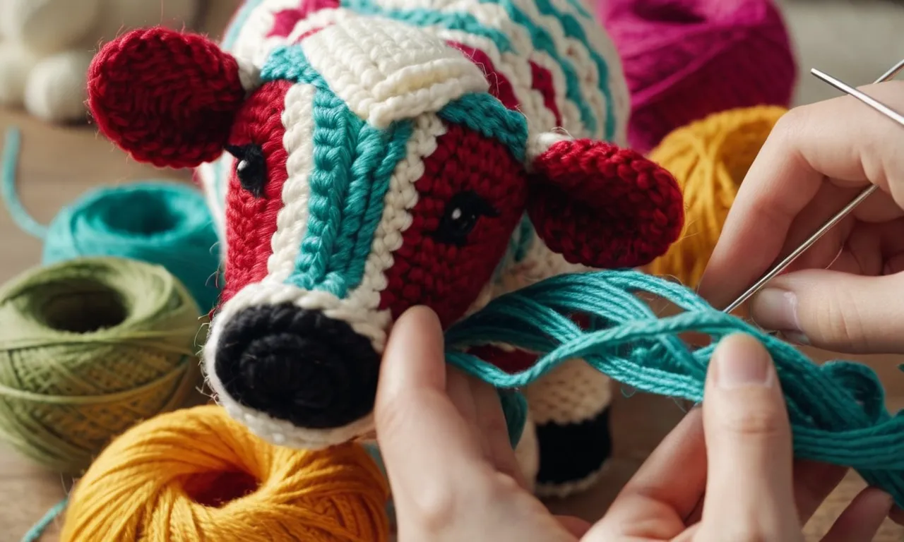 A close-up shot of a pair of skillful hands expertly weaving colorful yarn to create the intricate stitches of a crocheted cow stuffed animal.