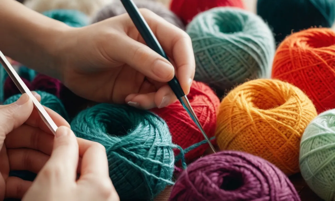 A close-up photo capturing a pair of skillful hands deftly crocheting colorful yarn, creating the beginnings of a charming stuffed animal, while a crochet hook and pattern book lay nearby.