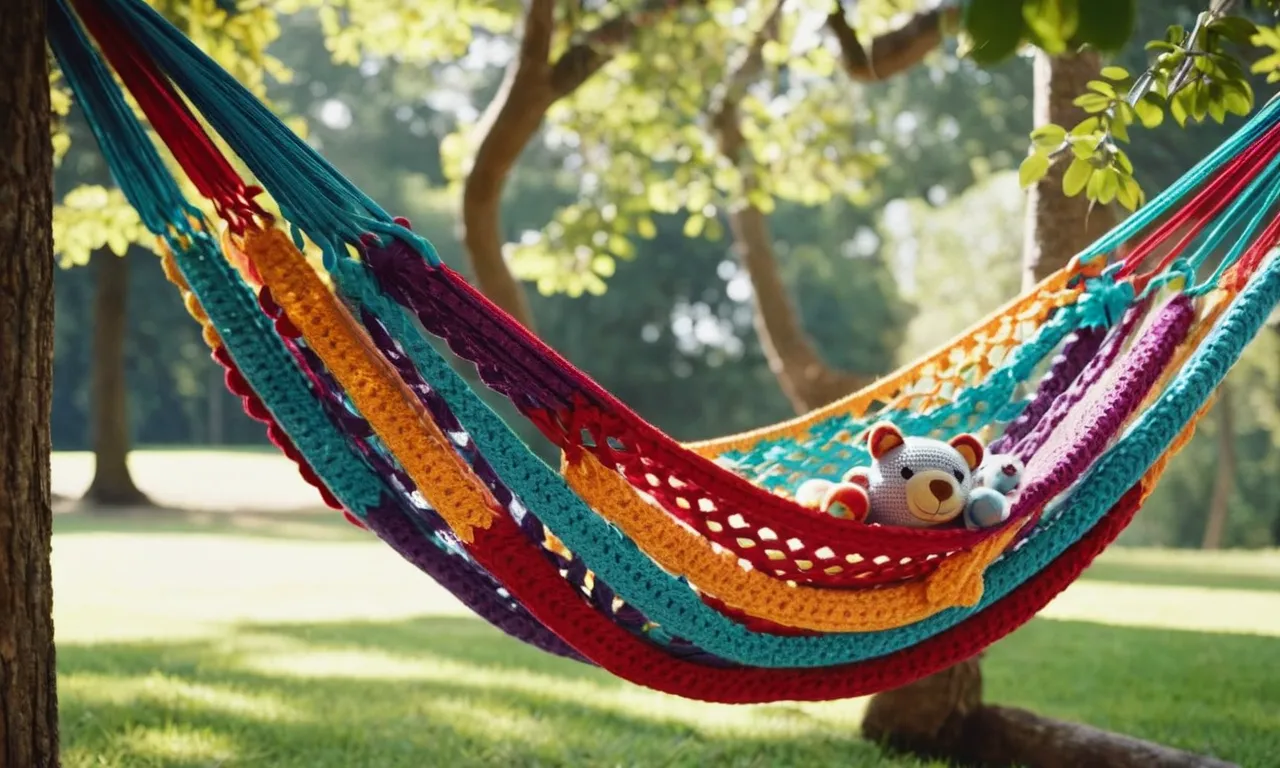 A close-up photo capturing the intricate stitches of a colorful crochet stuffed animal hammock, hanging gracefully between two trees, ready to cradle a collection of beloved toys.