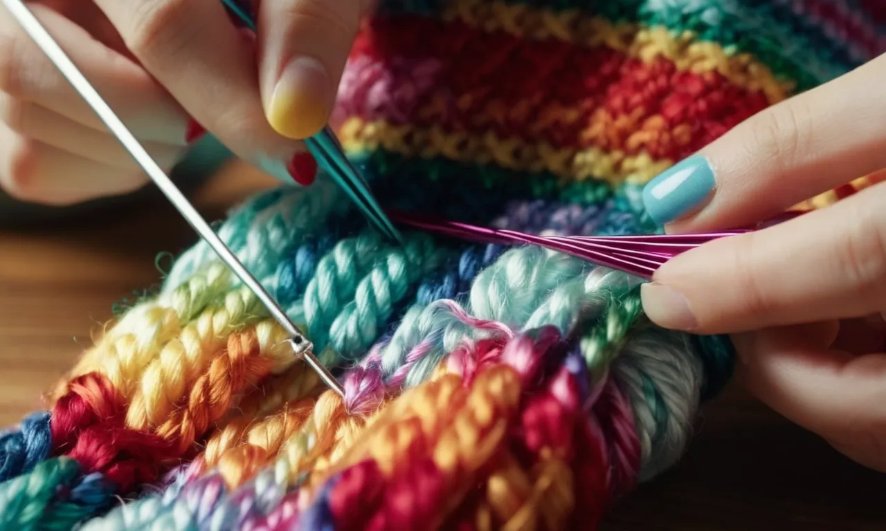 A close-up shot of a pair of delicate hands, skillfully weaving a rainbow-hued yarn through a tiny crochet hook, creating a miniature sweater that snugly fits a fluffy stuffed bunny.