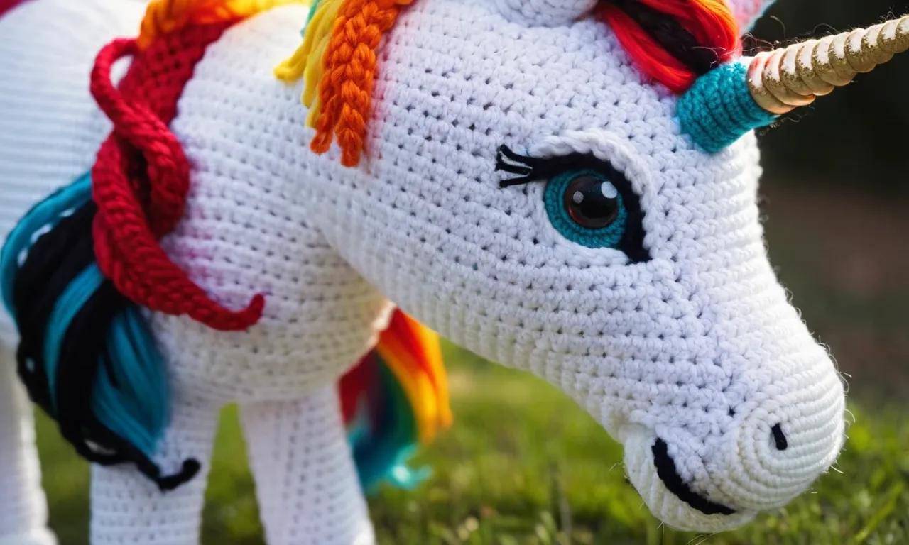 A close-up shot of expertly crocheted unicorn stuffed animal showcasing intricate details and vibrant colors, capturing the whimsical charm of this handmade creation.