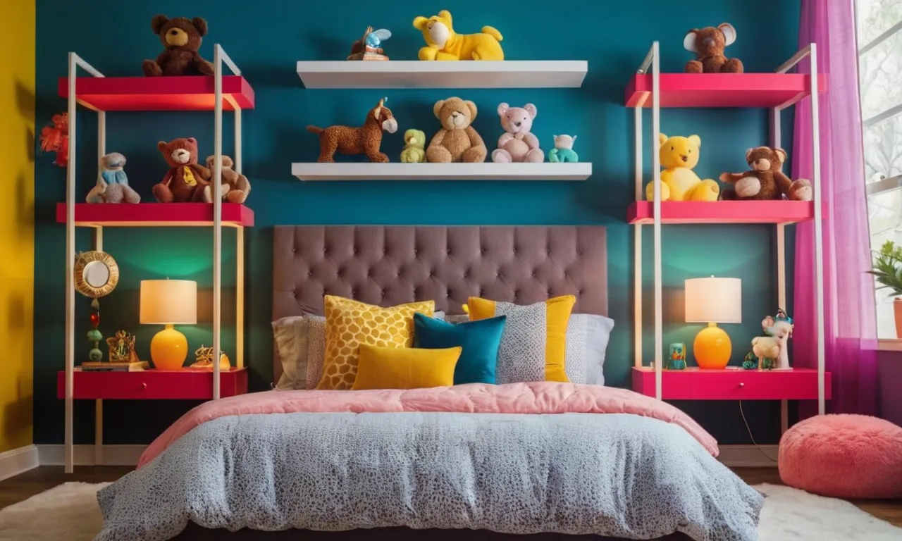 A photo featuring a whimsical bedroom setup, showcasing a towering shelf adorned with various large stuffed animals arranged in a playful and eye-catching manner.