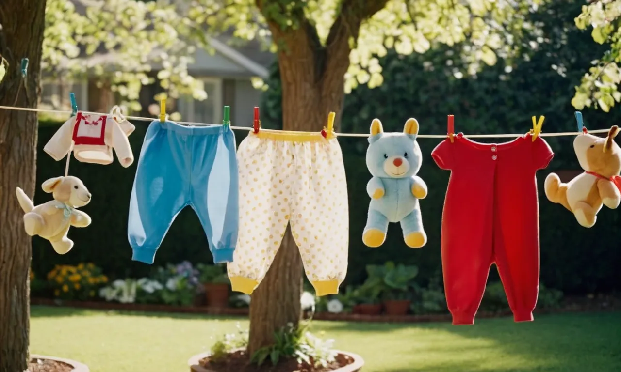A close-up photo captures a line of damp stuffed animals hanging from a clothesline in a sunny backyard, gently swaying in the breeze, as they dry naturally without the use of a dryer.