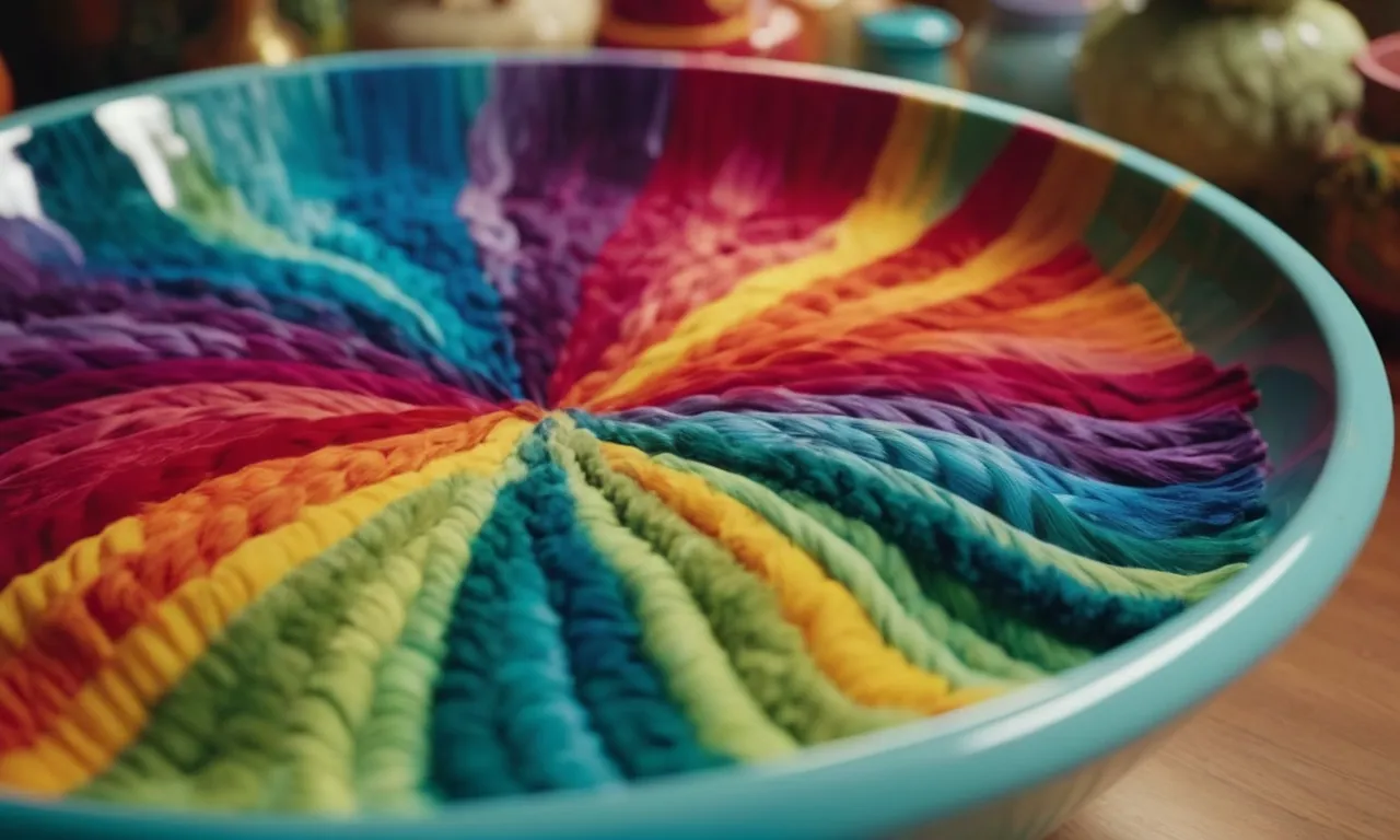 A close-up image capturing vibrant colors swirling in a large bowl as a stuffed animal is submerged, capturing the process of dyeing with intricate detail and artistic flair.