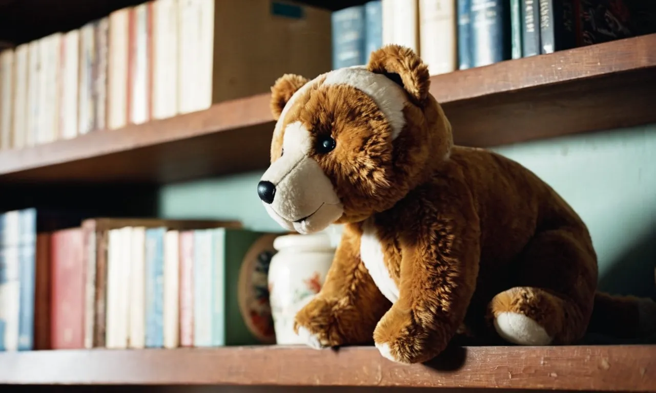 A close-up photograph capturing a worn-out, nostalgic stuffed animal sitting on a dusty shelf, evoking the bittersweet search for discontinued treasures from childhood.