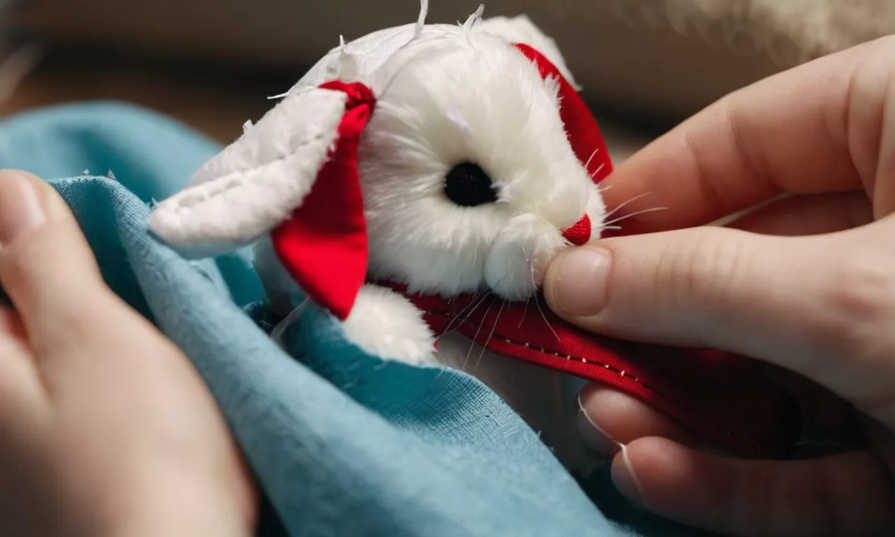 A close-up photo capturing skilled hands delicately stitching a torn seam on a well-loved stuffed bunny, radiating love and care.