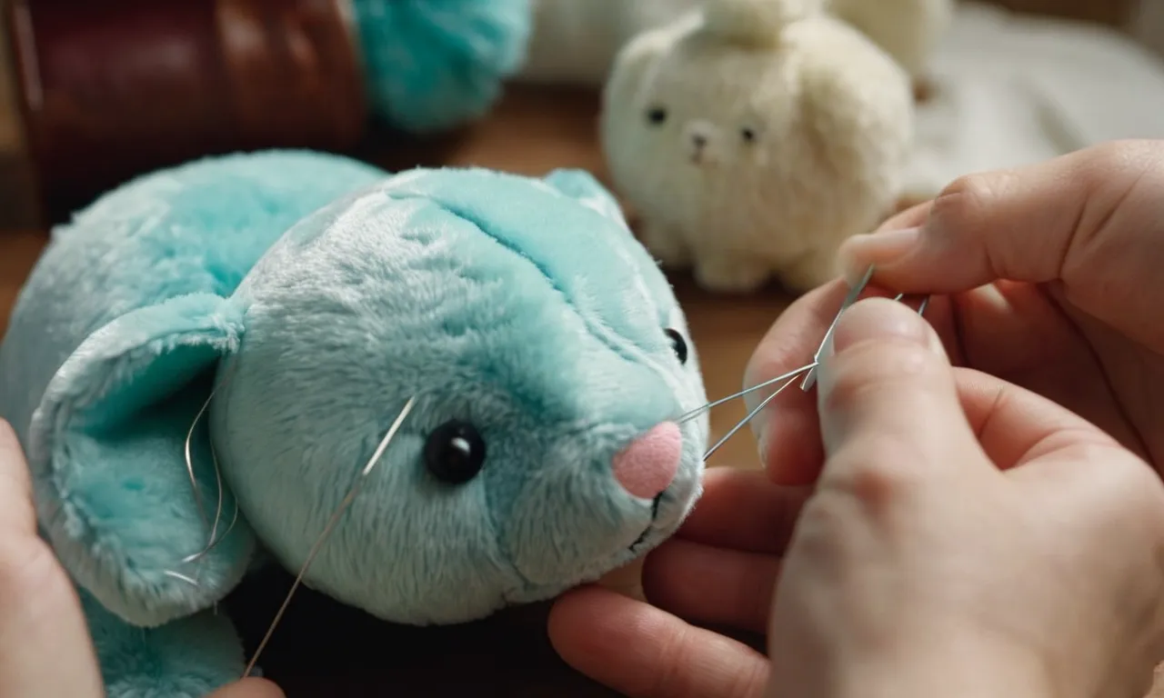 A close-up photograph of skilled hands delicately sewing a lumpy stuffed animal, capturing the meticulous process of repairing and restoring its form with utmost care.