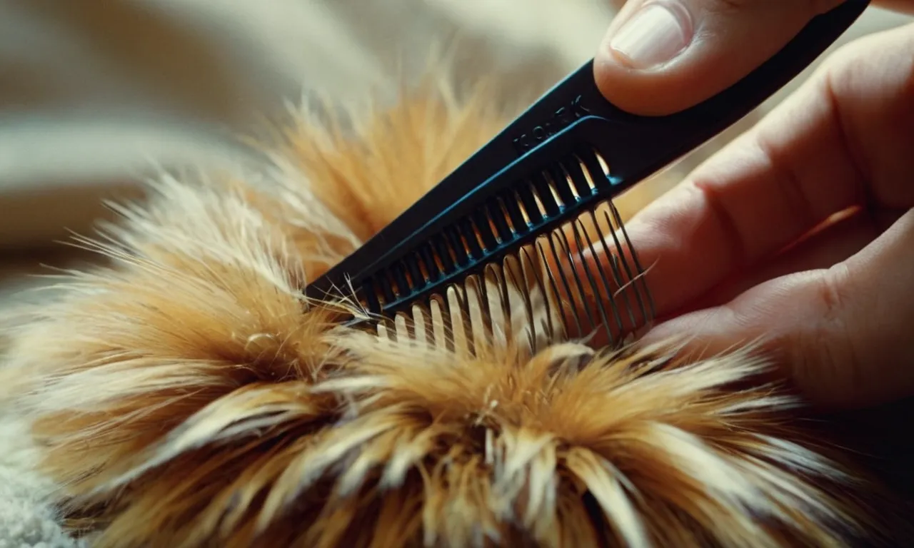 A close-up photo capturing a gentle hand using a fine-toothed comb to carefully restore the fluffy fur of a stuffed animal, bringing it back to its original softness and charm.
