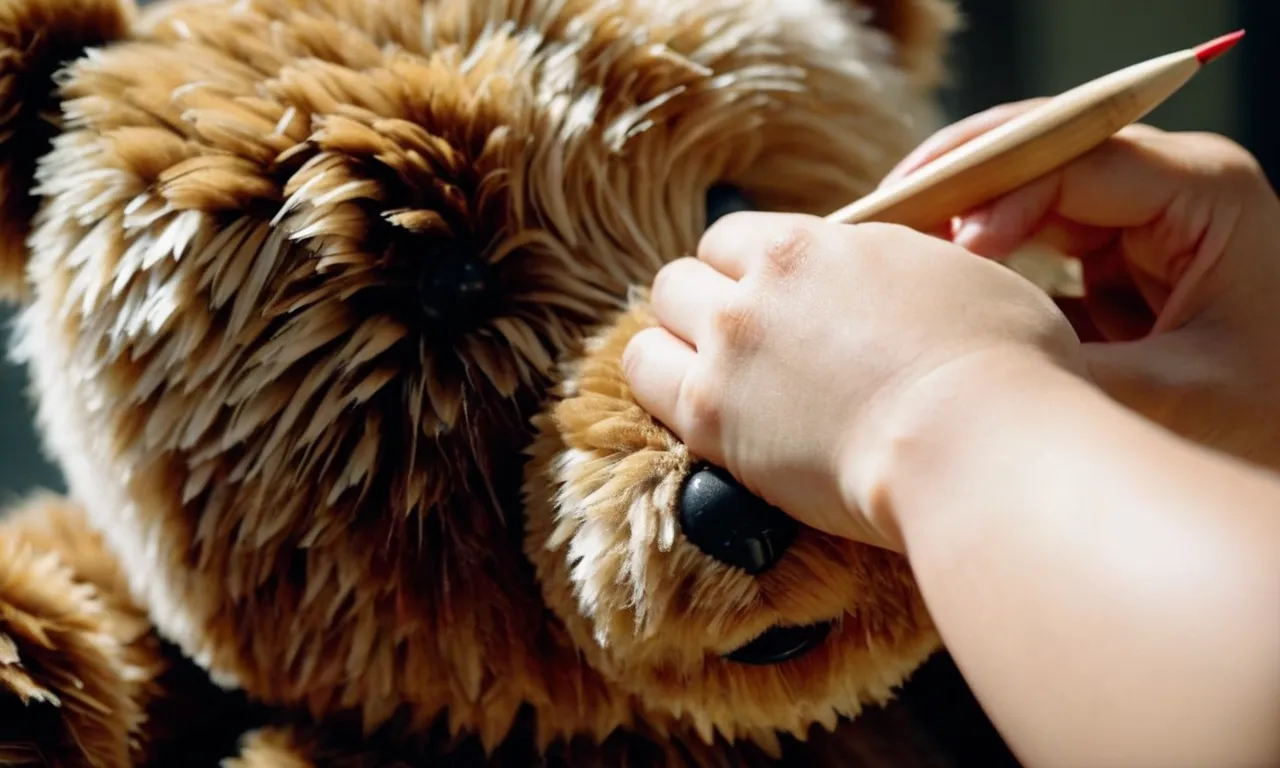 A close-up image capturing gentle hands meticulously brushing through the fur of a stuffed teddy bear, bringing it back to life with a fluffy, rejuvenated appearance.
