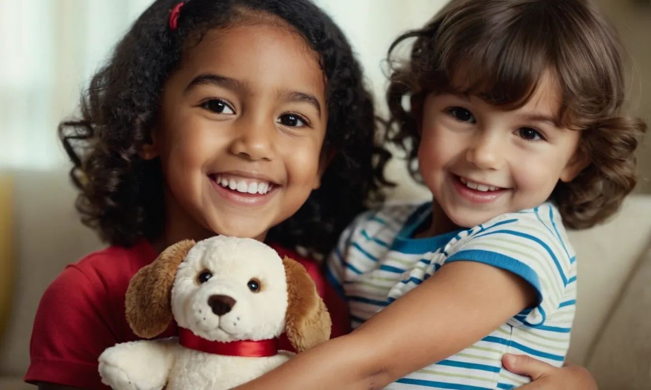 A close-up photo capturing the joyous expression on a child's face as they tightly hold a custom-made stuffed animal, an adorable replica of their beloved dog, created with meticulous attention to detail.