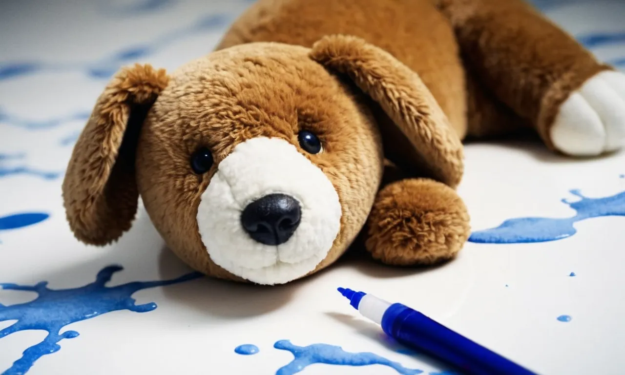 A close-up photo capturing a child's favorite stuffed animal, stained with blue pen ink, lying on a white surface along with a cotton swab and stain remover, showcasing the process of ink removal.