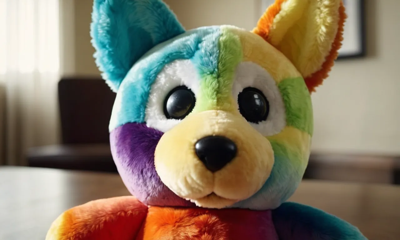 A close-up photo of a stuffed animal with vibrant colors, showcasing a meticulous hand removing Sharpie ink stains, capturing the patience and care required to restore its original charm.