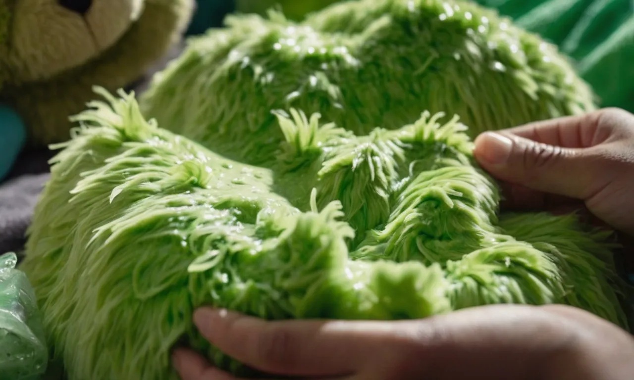A close-up photo showcasing the gentle hand of a person gently removing green slime from a stuffed animal's fur using a damp cloth.