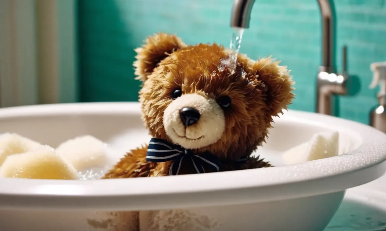 A close-up photo of a soft, plush teddy bear being gently washed in a basin of soapy water, with stains fading away, capturing the process of cleaning and restoring stuffed animals.