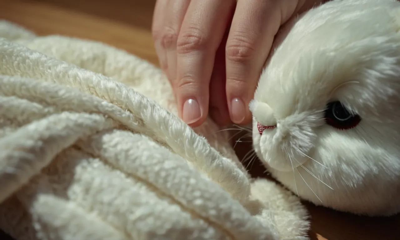 A close-up photo captures a pair of gentle hands delicately smoothing out the creases on a well-loved stuffed bunny, bringing back its plushness and making it look as good as new.