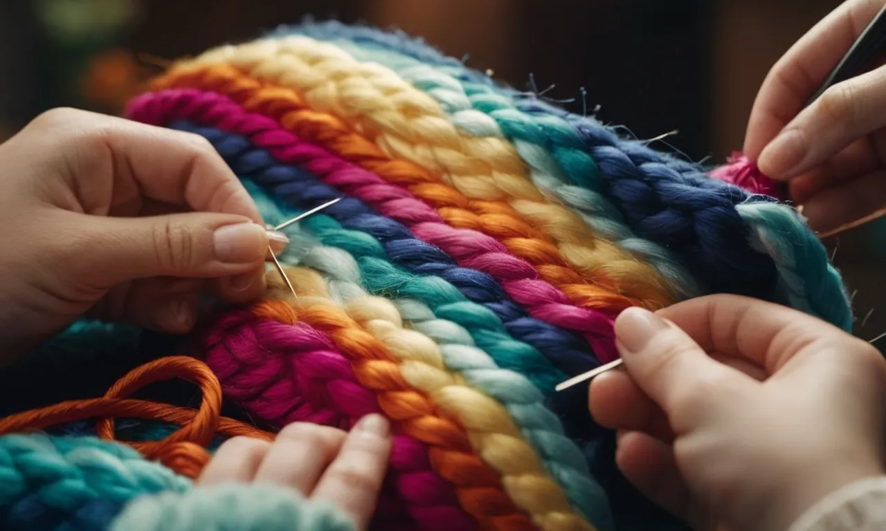 A close-up photo capturing skilled hands delicately stitching colorful threads onto a soft, plush stuffed animal, bringing it to life with intricate patterns and designs.