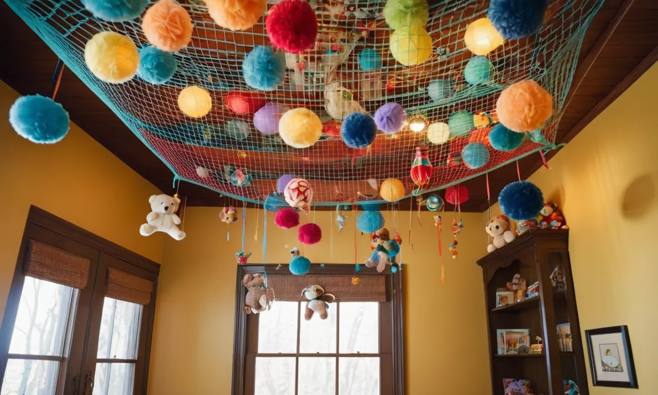 A photo capturing a colorful net gracefully suspended from the ceiling, adorned with a collection of stuffed animals, creating a whimsical and organized display for children's cherished companions.