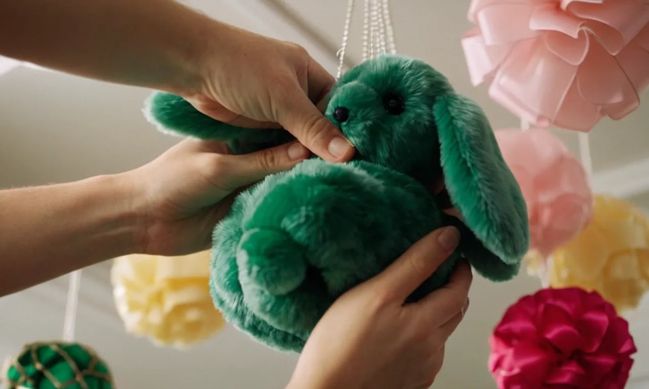 A close-up shot capturing a pair of skilled hands effortlessly attaching a stuffed animal net to the ceiling, showcasing the step-by-step process in clear detail.