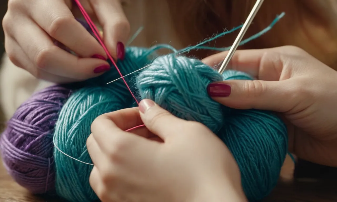 A close-up photograph capturing skilled hands effortlessly knitting soft, colorful threads, forming the intricate stitches that will eventually bring to life a charming stuffed animal creation.