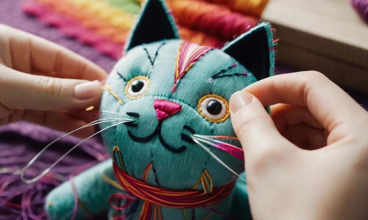 A close-up photo capturing skilled hands stitching together soft, patterned fabric pieces, forming the body of a cute cat stuffed animal, with colorful threads and a needle in focus.
