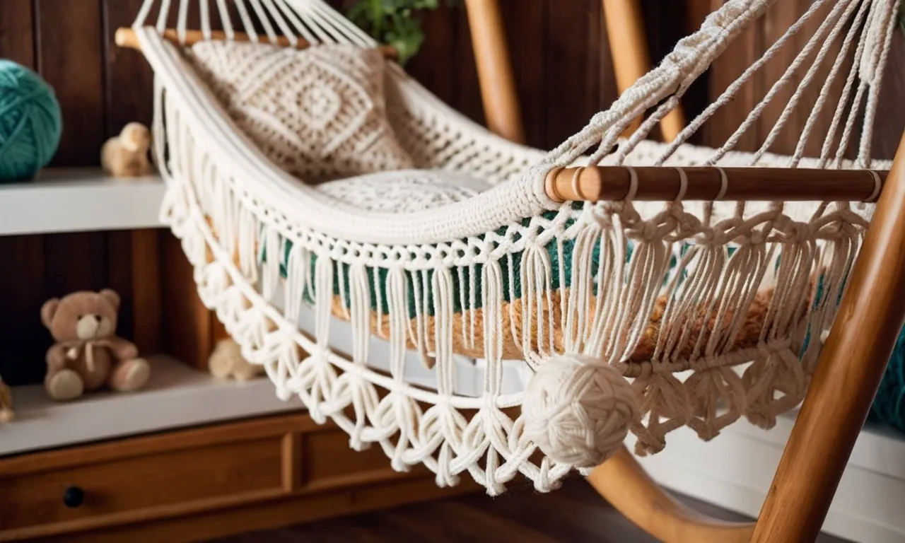 A close-up photograph showcasing a beautifully handcrafted macrame stuffed animal hammock hanging from a wooden dowel, displaying intricate knots and a cozy space for plush toys.