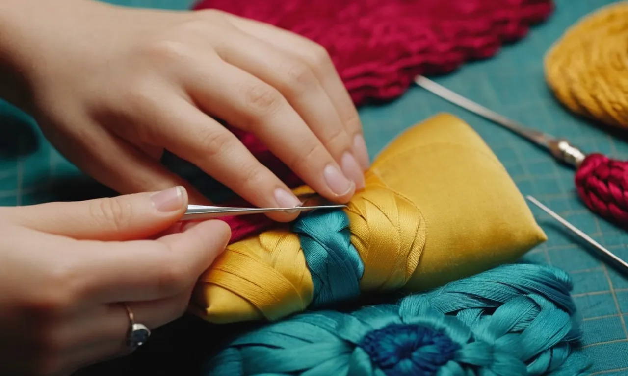 A close-up shot of skilled hands carefully stitching colorful fabric pieces together, creating a charming stuffed animal, showcasing the intricate details and love put into crafting it by hand.