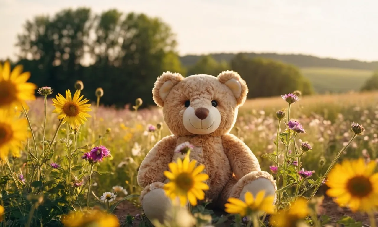 A close-up photograph capturing a child's stuffed animal amidst a field of wildflowers, bathed in golden sunlight, evoking a whimsical atmosphere that reflects the scent of memories and love.