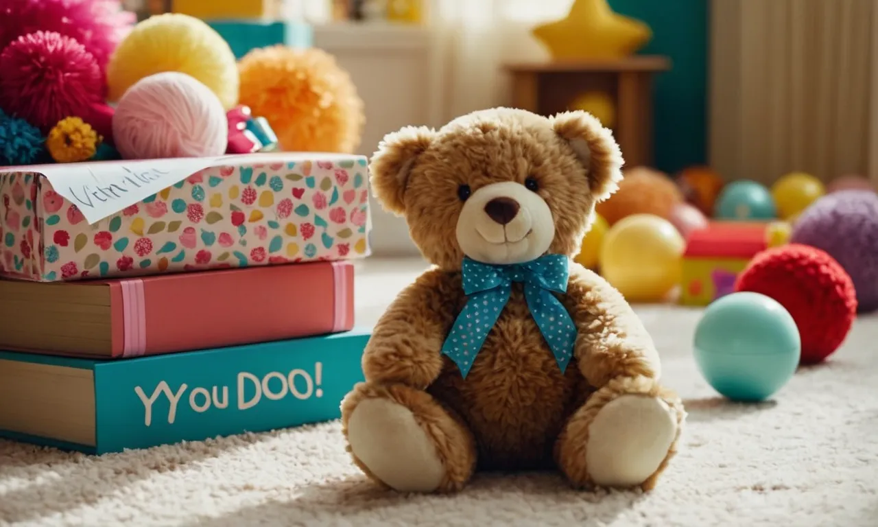A close-up photo captures a stuffed animal standing on its own, showcasing its balanced posture and adorable charm, surrounded by colorful toys and an encouraging handwritten note saying "You can do it!"