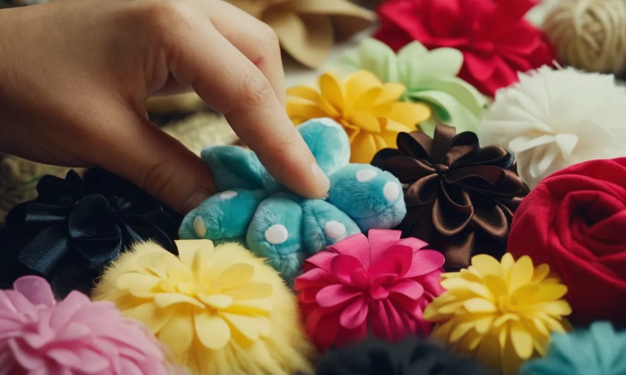 A close-up shot capturing the hands of a person demonstrating how to craft a stuffed animal without sewing, using fabric glue and various colorful pieces of fabric and stuffing materials.