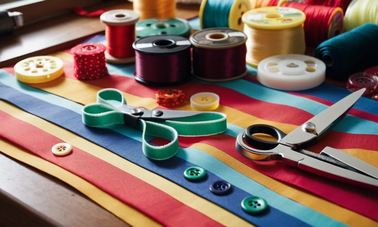Close-up photo of colorful fabrics, buttons, and ribbons laid out on a table. A pair of scissors and a hot glue gun are visible. A stuffed animal peeks in the frame, eagerly awaiting its new outfit.