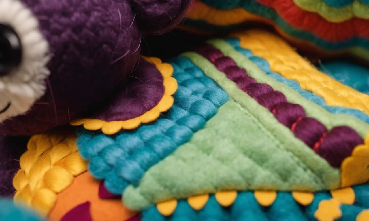 A close-up image capturing the intricate stitches of a handcrafted felt stuffed animal, showcasing the meticulous attention to detail and the vibrant colors used in its creation.
