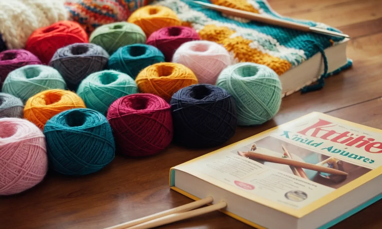 A close-up shot of a pair of knitting needles, colorful yarn, and a pattern book, all arranged neatly on a tabletop, capturing the essence of the art of making knitted stuffed animals.
