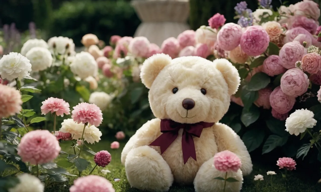A close-up shot of a fluffy teddy bear, surrounded by delicate flowers, emanating a delightful aroma, capturing the essence of how to make stuffed animals smell good.