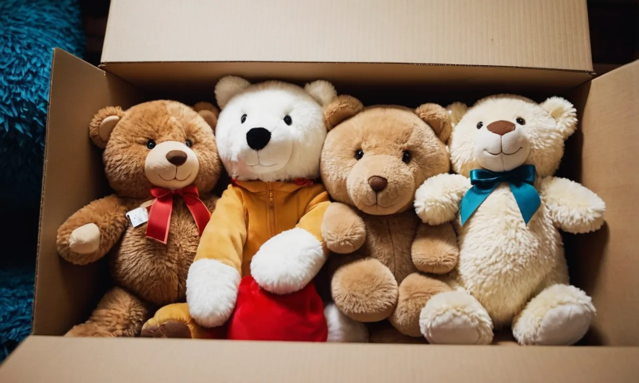 A photo capturing a stack of neatly packed stuffed animals, wrapped in protective layers, placed carefully inside a moving box, ready to embark on a new adventure.